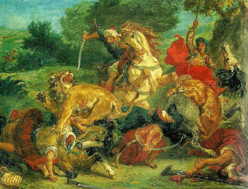 Eugene Delacroix lejonjakt oil painting image